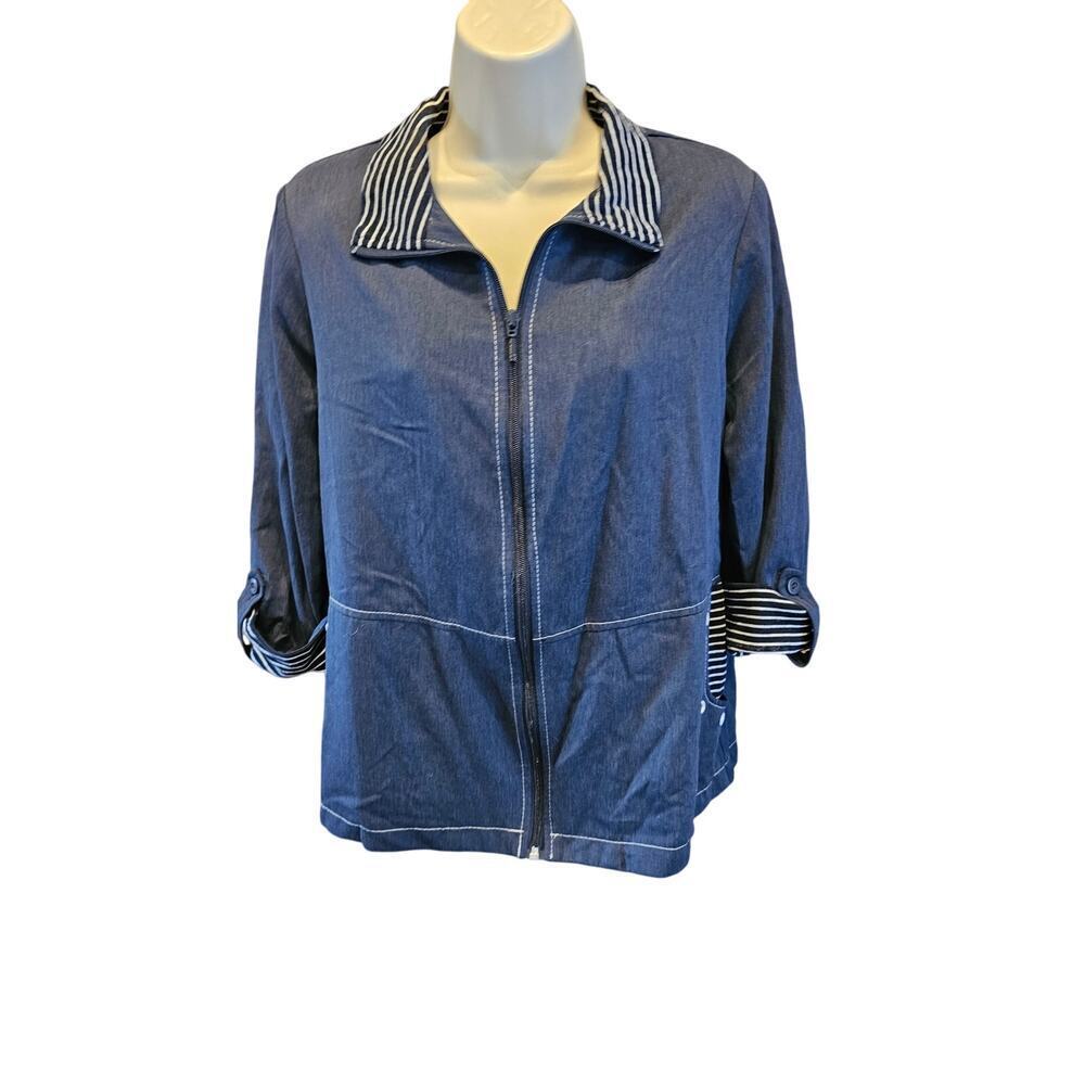 Allison Daley sz 10 navy blue mixed media shaket full zip EUC 3/4 sleeve warm +